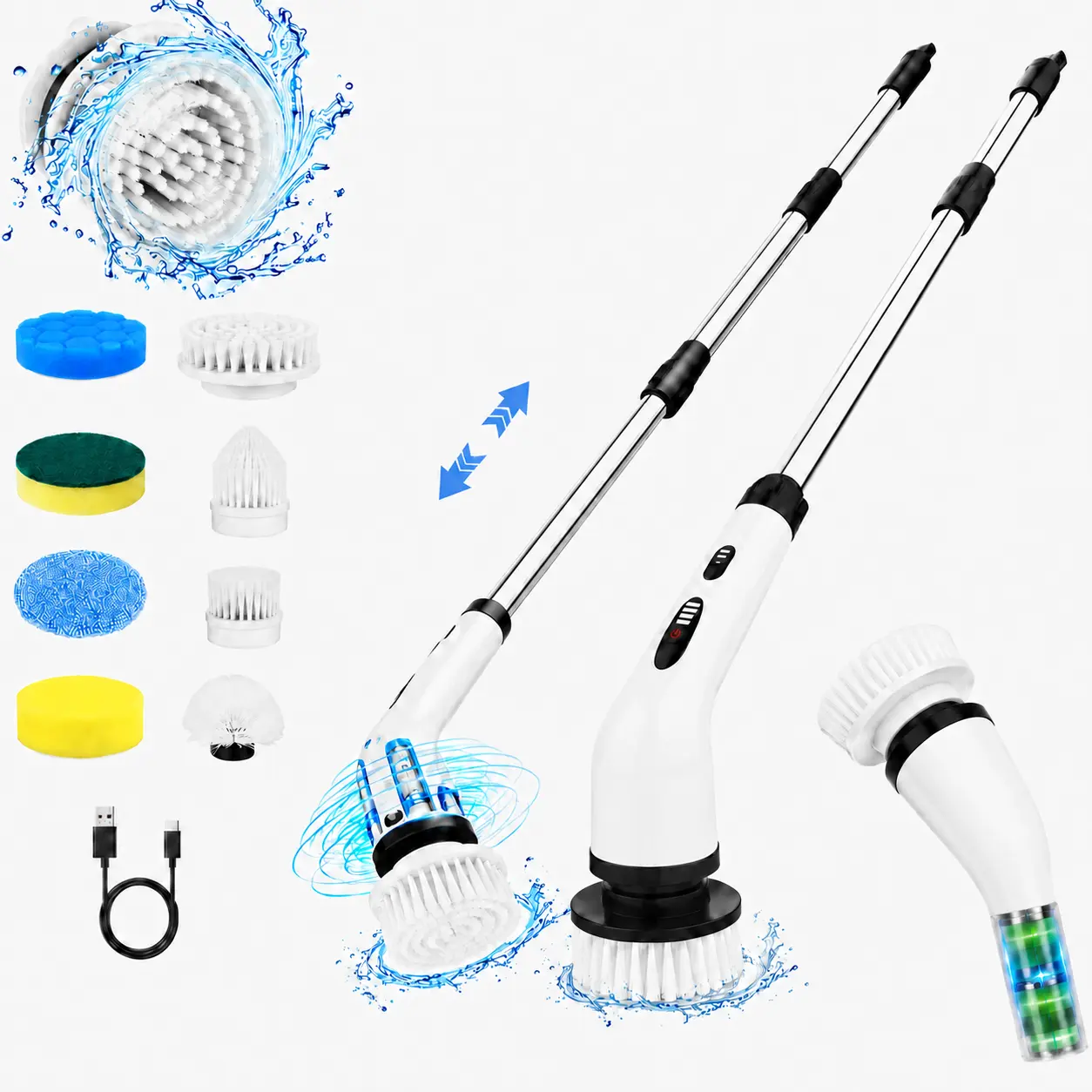 Cordless Electric Spin Scrubber - Household Items Room Gadgets Tools and Gadgets with 8 Replaceable Brush Heads, 3-Length Extendable Handle, Dual Speed, IPX7 Waterproof LED Display, USB-C, for Bathroom Bathtub Cleaning, Kitchen, Wireless