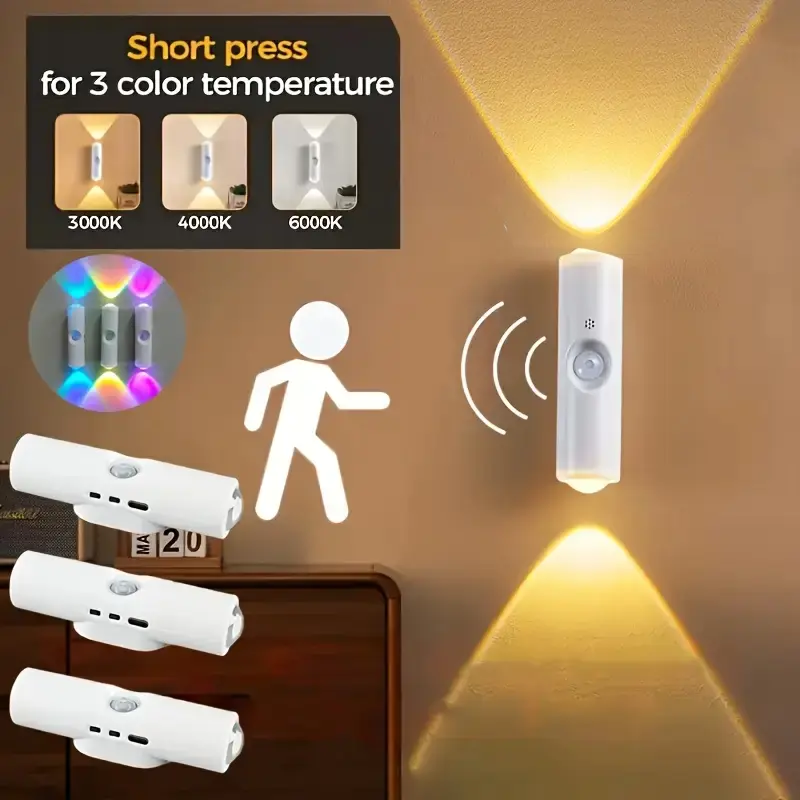 Mini LED Motion Sensor Light, RGB Gradient Adjustable Smart Wall Lamp, Three/seven Color Modes, Dual Head Cat Eye Night Light, USB Rechargeable