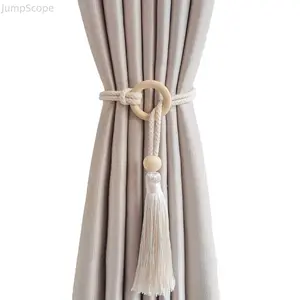 Bohemian Tassel Curtain Tiebacks, 2-Pack Woven Rope Holdbacks with Wood Ring & Crystal Accent, Elegant Decorative Curtain Ties for Living Room & Bedroom