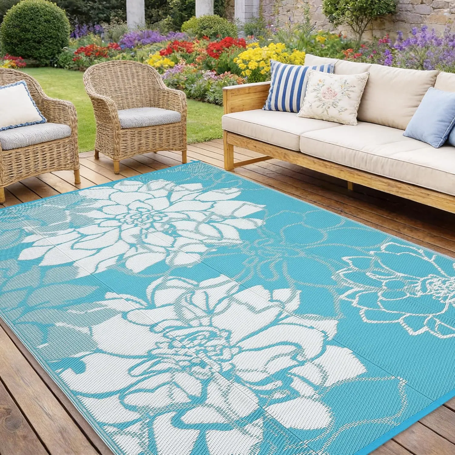 Outdoor Rug Patio Waterproof Reversible Plastic Straw Rug, Large UV-Resistant Portable RV Camping Mats with Storage Bag & 4 Stakes, Floral Carpet for Outside Deck Porch Garden