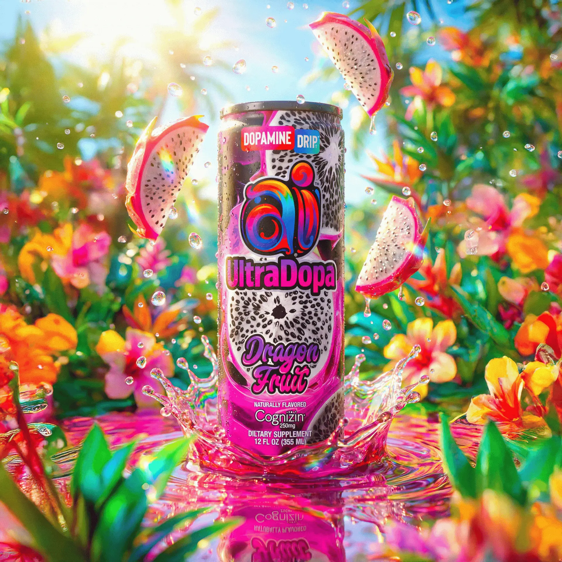 Ai UltraDopa Dragon Fruit [Ready to Ship] - 12 Cans, 12 fl oz Each, Zero Calories, Zero Sugar, Zero Carbs, NeuroSync Nootropics, Caffeine 225mg, Boost Mood, Focus, Neuro-Performance