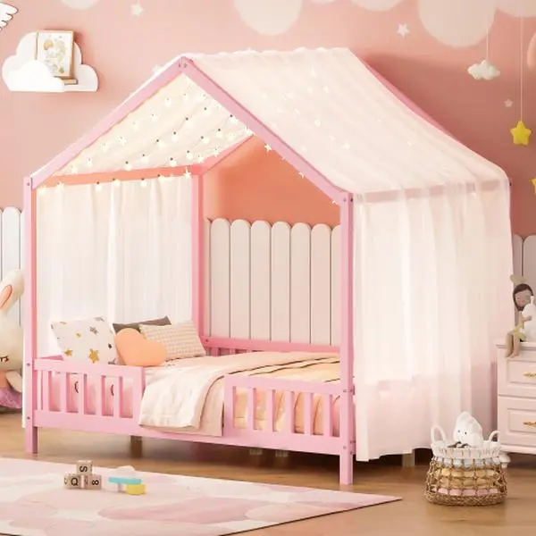Bellemawe Montessori pine house shaped floor bed frame with ceiling, high railing, sturdy design, decorative lights