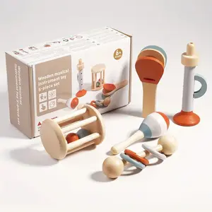 Children Wooden Rattle Maracas Set 5-Piece, Soothing Baby Sensory Early Education Hand Grasp Bed Bell Musical Instrument Toy, Music Enlightenment Toy