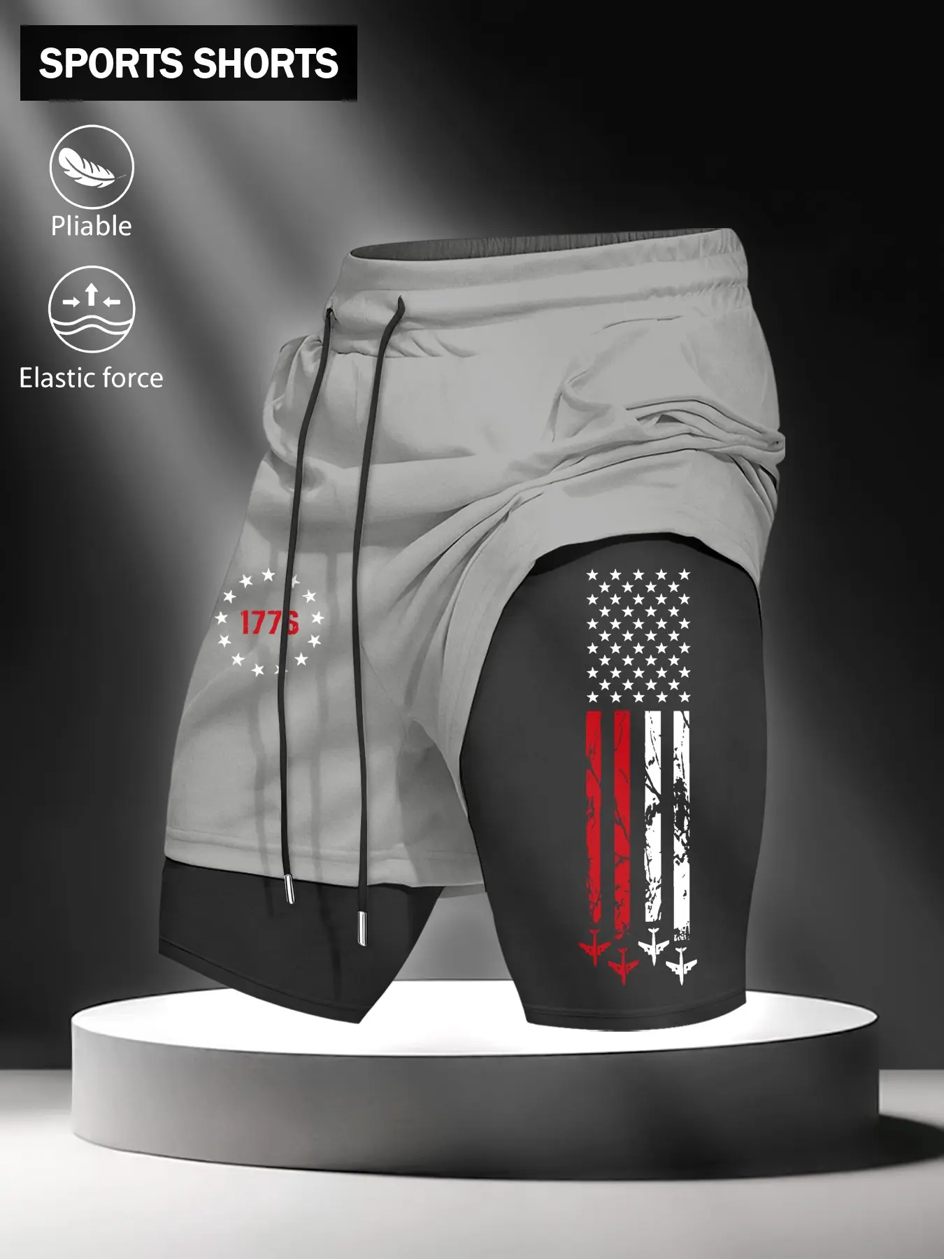 Men's Fake Two-Piece Fitness Shorts, American Flag Plane Print, Squat Deadlift Anti-Rub Leg Training Pants, Ideal for Daily Sports, Outdoor Training