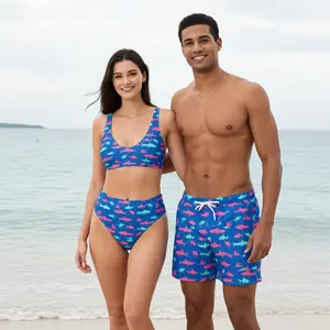 Matching Couples Swimsuit Set – Electric Blue Shark Bikini & Trunks