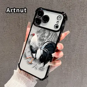 Compatible with iPhone 17 16 Pro Max 15 Plus 14 13 12 11 E Air Phone Case Elegant Rooster Art Pattern Transparent Full Coverage Four Corners Anti-drop Casing