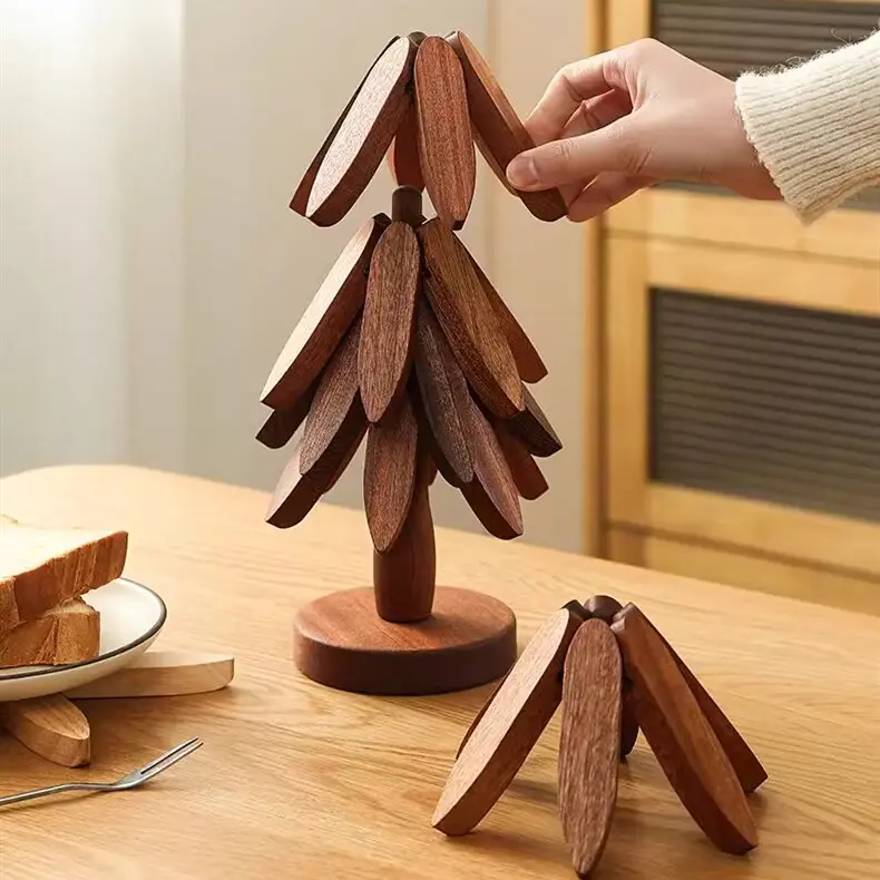 Wooden Trivets for Hot Dishes Collapsible Tree-Shaped Hot Pad Trivet for Restaurant 4 Wooden Trivets with 1 Stand