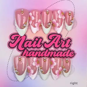Delicatething Y2K Style Almond Nails, Handmade Wearable Nails, Beads, Tea French Design, Perfect for Parties, Includes Jelly Glue, Crystal Stick, Scrubber