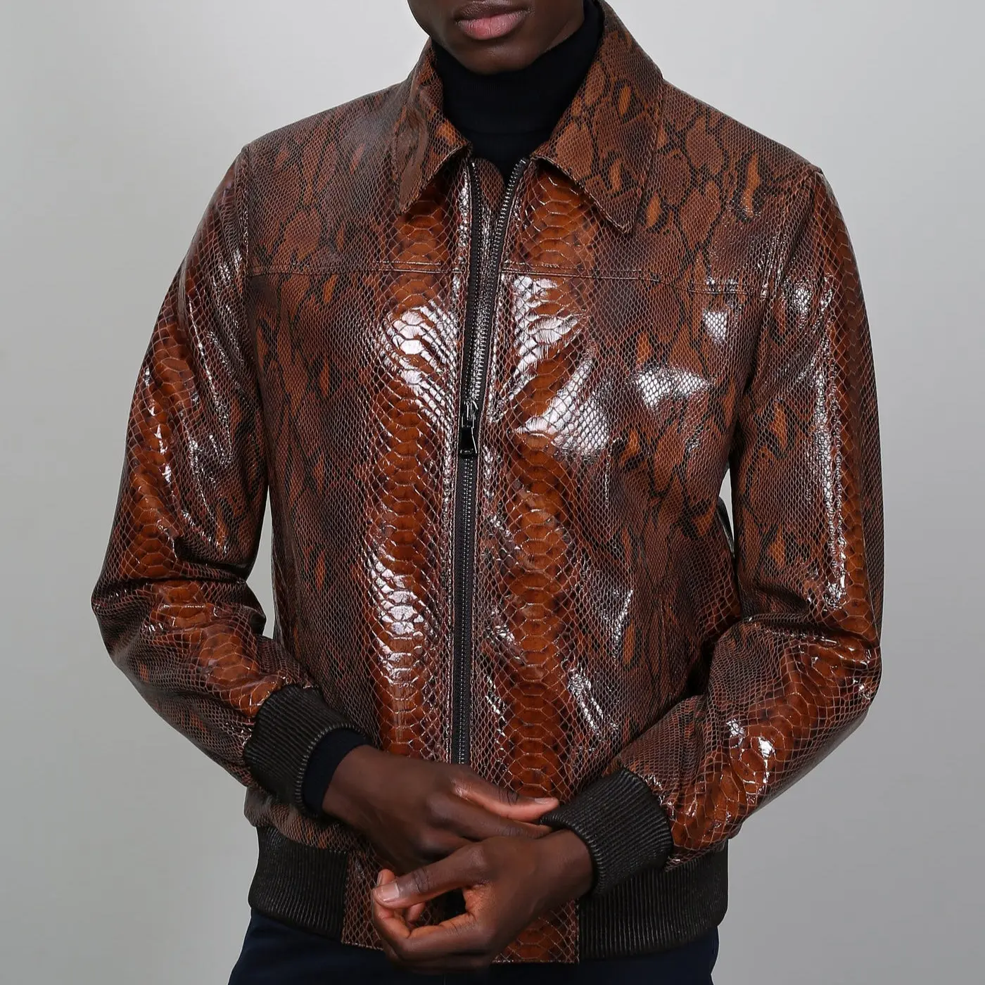 Kashani Men's Brown Python Design Patent Leather Bomber Jacket
