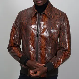 Kashani Men's Brown Python Design Patent Leather Bomber Jacket