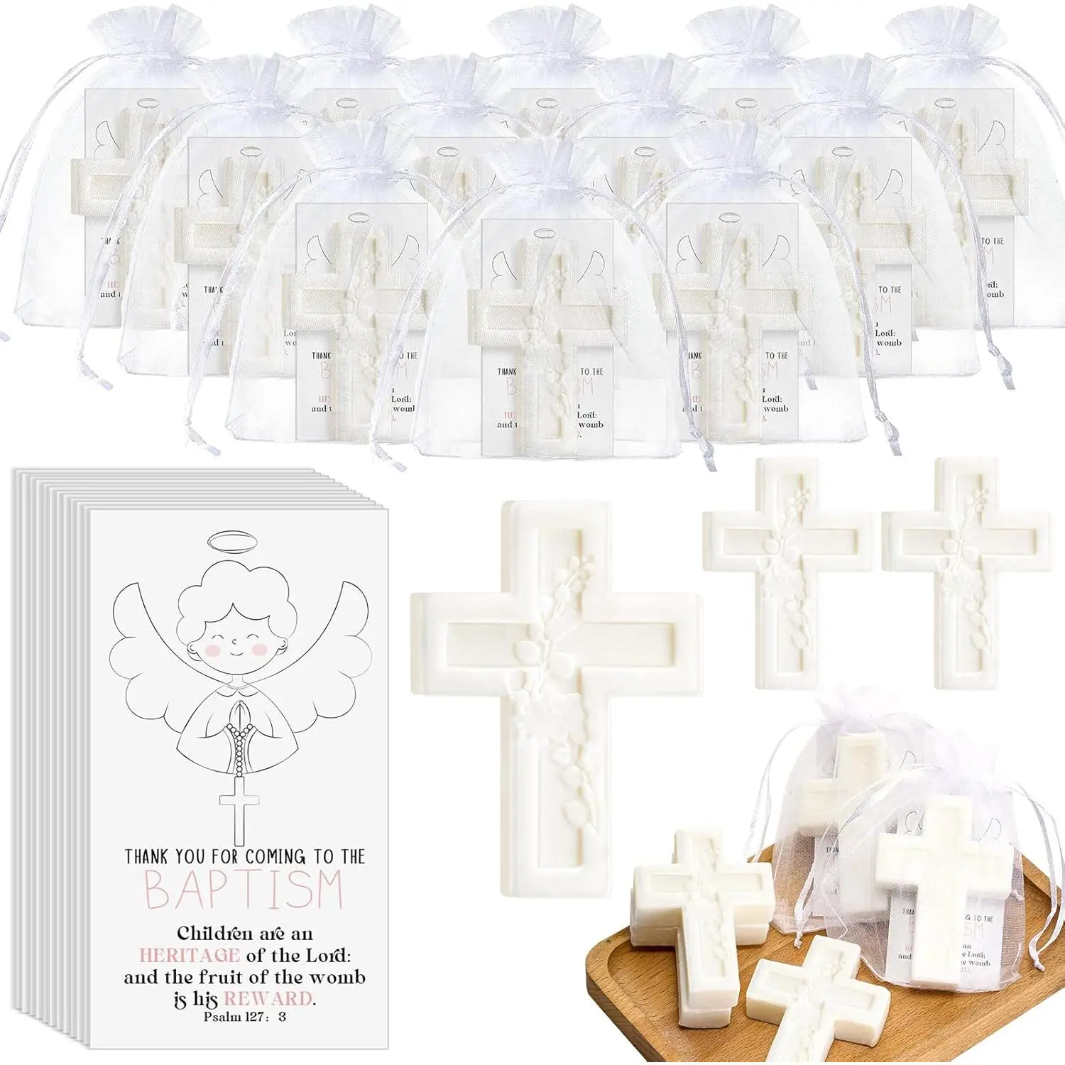 Aesthetic 20-Pack Baptism Cross Milky Cleanser Soap Set for Body Care - Eucalyptus & Flower Scented Bars, with Greeting Cards & Organza Bags, Christening Guest Party Gift Favors