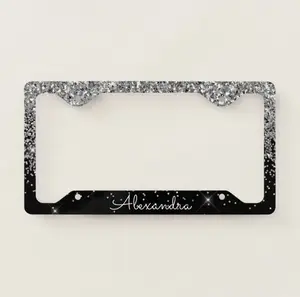 Luxury Silver & Black Glitter Monogram License Plate Frame – Sparkling Custom Car Accessory, Elegant & Stylish Personalized Gift