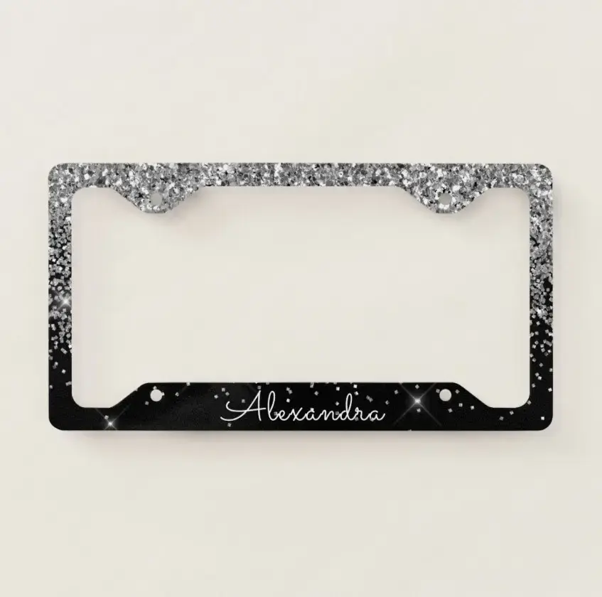 Luxury Silver & Black Glitter Monogram License Plate Frame – Sparkling Custom Car Accessory, Elegant & Stylish Personalized Gift