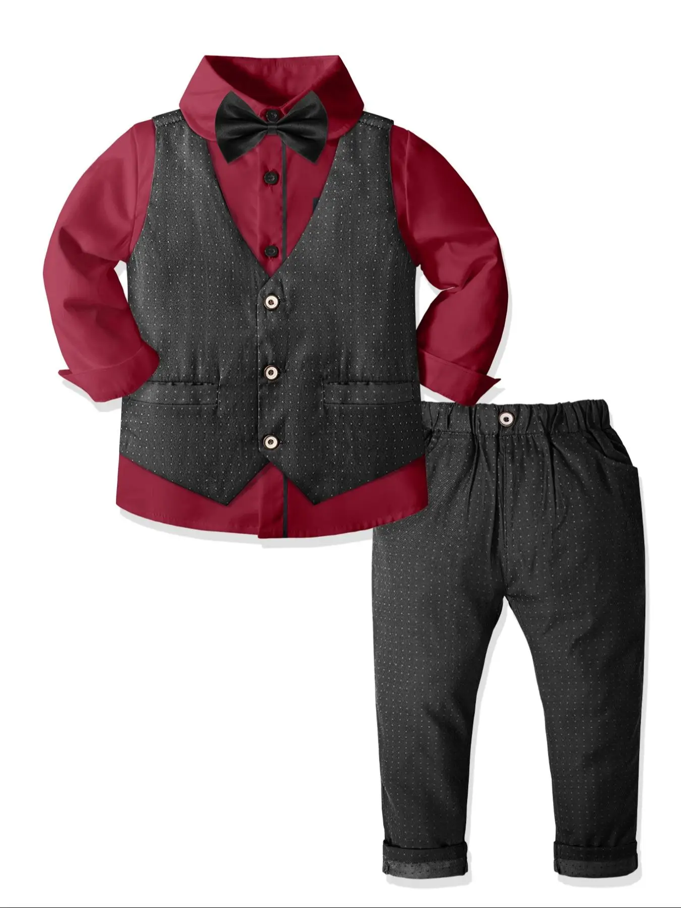 Toddler Boy's Solid Button Front Shirt & Polka Dot Print Vest & Bow Tie & Pants Four-Piece Set, Elegant Formal Outfits for Kids Wedding Party, Kids Cl