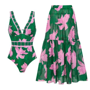 FLAXMAKER Women's V Neck Green and Pink Printed One Piece Swimsuit and Matching Skirt Set Swimdress Beachwear Bathing Suit for the summer#Summervibes #Summervibes outdoorfun #SwimWeek