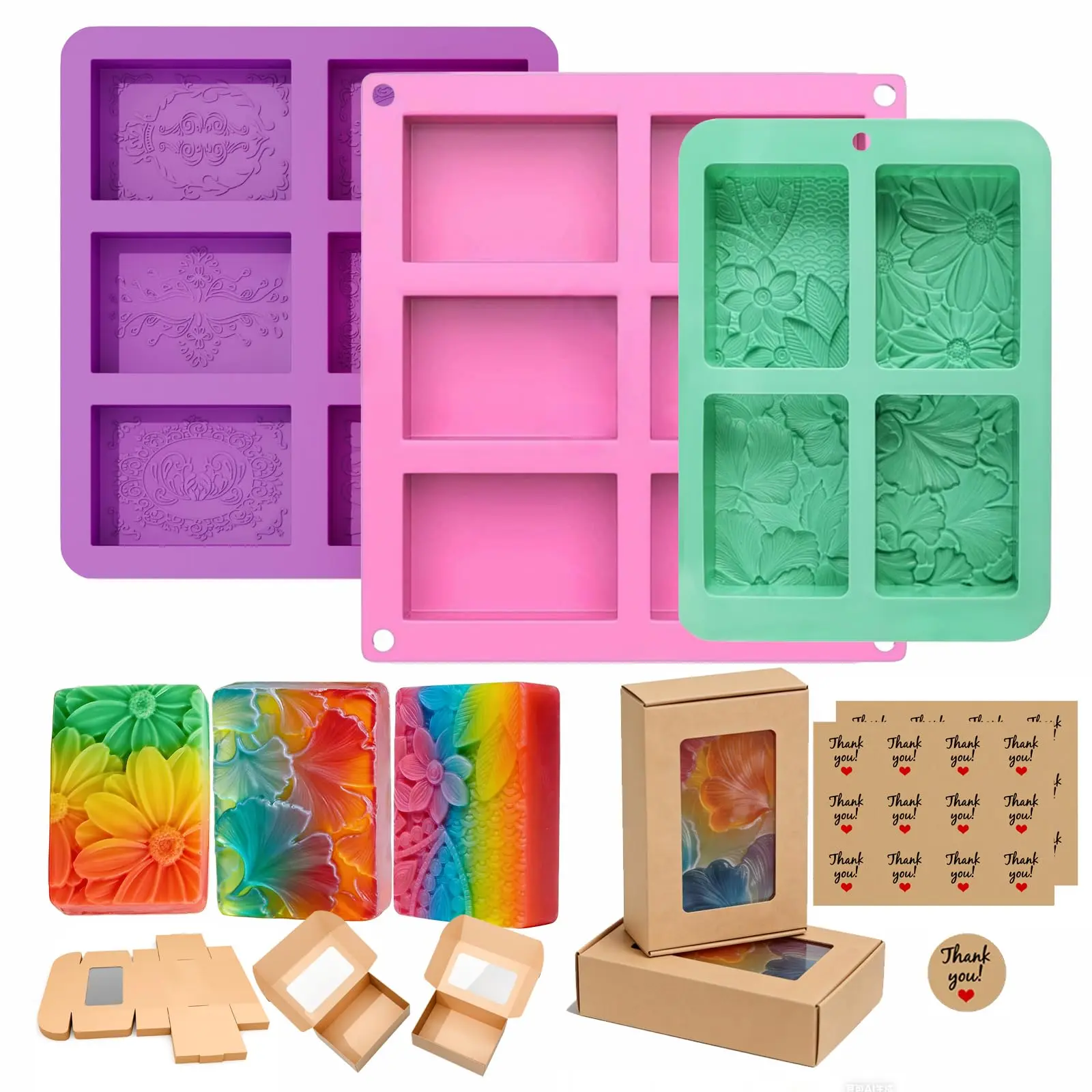 3Pcs Soap Molds with 24 Gift Boxes & Stickers for DIY & Homemade Gift | Purple, 3D Flower + 2 Rectangle Molds, 16 Total Cavities, Food-Grade Silicone, Non-Stick & Flexible, Oven/Freezer Safe
