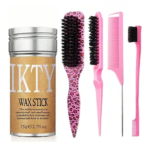 5-Piece Hair Wax and Comb Set, Oil-Free Styling Wax, Long Handle Beard Brush, Straightening Comb, Leopard Print Hair Tools, Essential for Travel