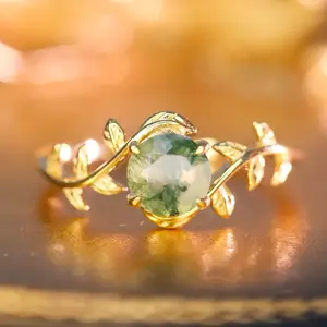 Moss Agate Ring Leaf 14K Gold Plated Round Gemstone 925 Sterling Silver Engagement Ring Wedding Ring