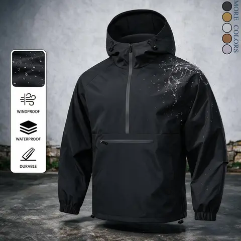 Men's Fitted Solid Color Half-Zip Hoodie Jacket - Windproof, Waterproof Long-Sleeve Outdoor Sports Outerwear with Large Pockets, Zipper Design, Casual Outings Wear, Clean Modern Look, Suitable for Spring, Autumn