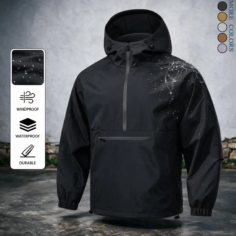 Men's Fitted Solid Color Half-Zip Hoodie Jacket - Windproof, Waterproof Long-Sleeve Outdoor Sports Outerwear with Large Pockets, Zipper Design, Casual Outings Wear, Clean Modern Look, Suitable for Spring, Autumn