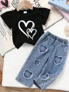 2pcs, Baby Girl Clothing, Soft, Comfortable, Casual, Cute, Simple Versatile Heart-patterned Crew Neck T-shirt And Heart-embroidered Blue Elastic Waist Jeans Set, Toddler Girls Clothes, Suitable Summer For Everyday Wear, Vacations, Outdoor Activities
