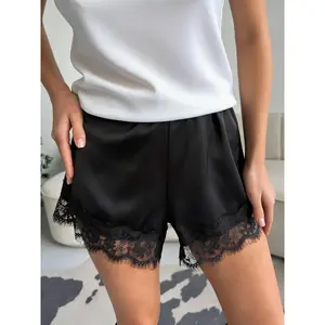 y2k Lace Hem Shorts Women Solid Color/Heart Print Elastic Waist Wide Leg Shorts Summer Bottoms