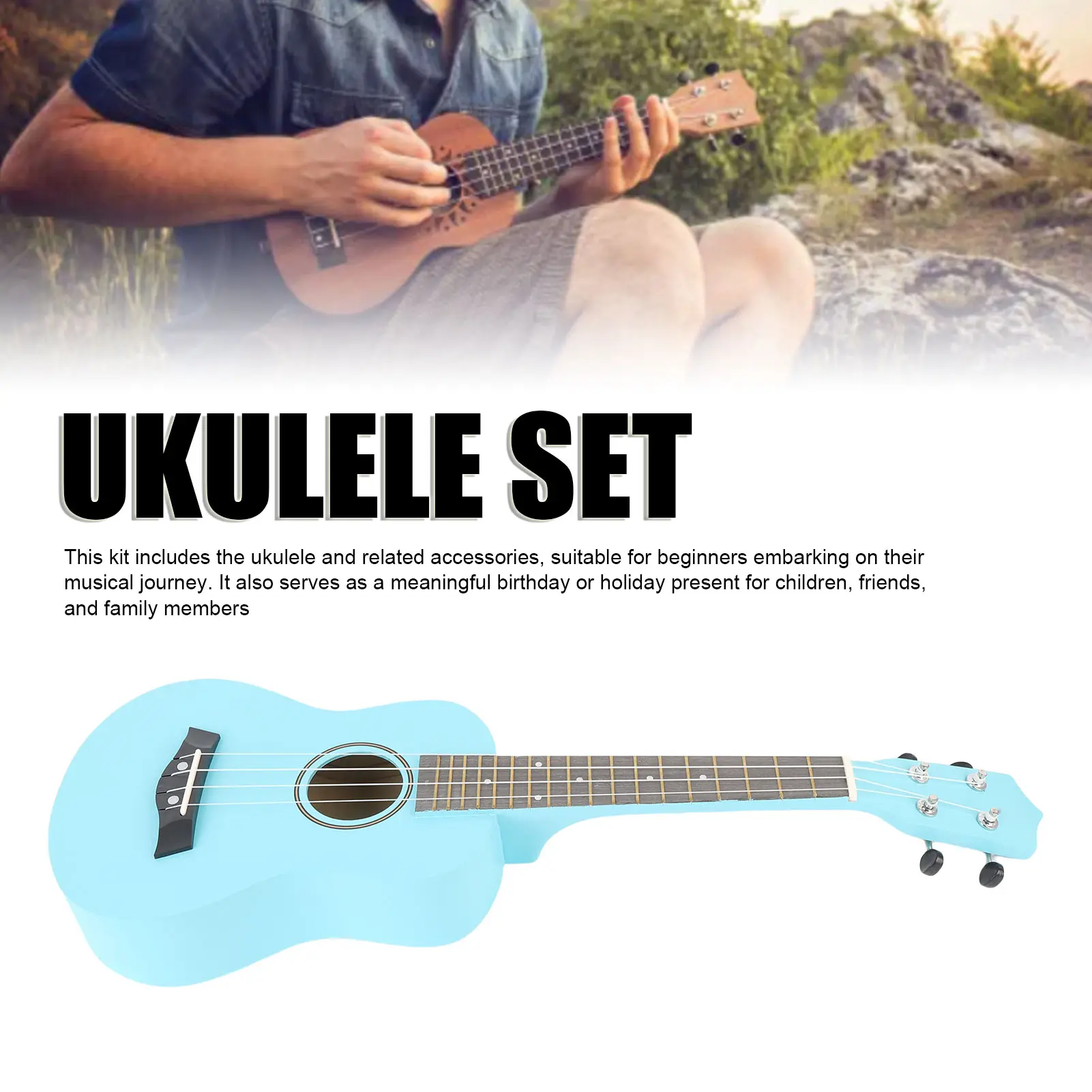 61cm Basswood Ukulele Starter Kit for Beginners - Musical Instruments Accessories Set with Digital Tuner, Tone-Changing Clamp, Strap, Nylon Strings, Picks, Cleaning Cloth