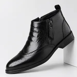 YANXIANSHOES Men's Fashion Ankle Boots Leather Brogue Boots Zipper Closure Black