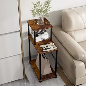 26in High Small Three-Tier Iron Wood Side Table, Coffee Table Bedside Lamp Stand, Storage Rack for Living Room Bedroom Kitchen Bathroom Office Corridor, Rustic Wood Table