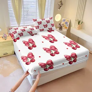 Red Bow Print Fitted Sheet Set,Red Cherry Bed Sheets Set,Includes 1 Fitted Sheet with 2 Pillow Cases,Polka Dot Bow Bedding Set,Stretchy Deep Pocket Fitted Sheet for Mattress,Perfect for Teen Girl Bedroom & Dorm Decor