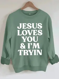 Women's Casual Jesus Letter Print Hoodie, Soft Long Sleeve Round Neck Sweatshirt, All-Season Everyday Comfort Clothing