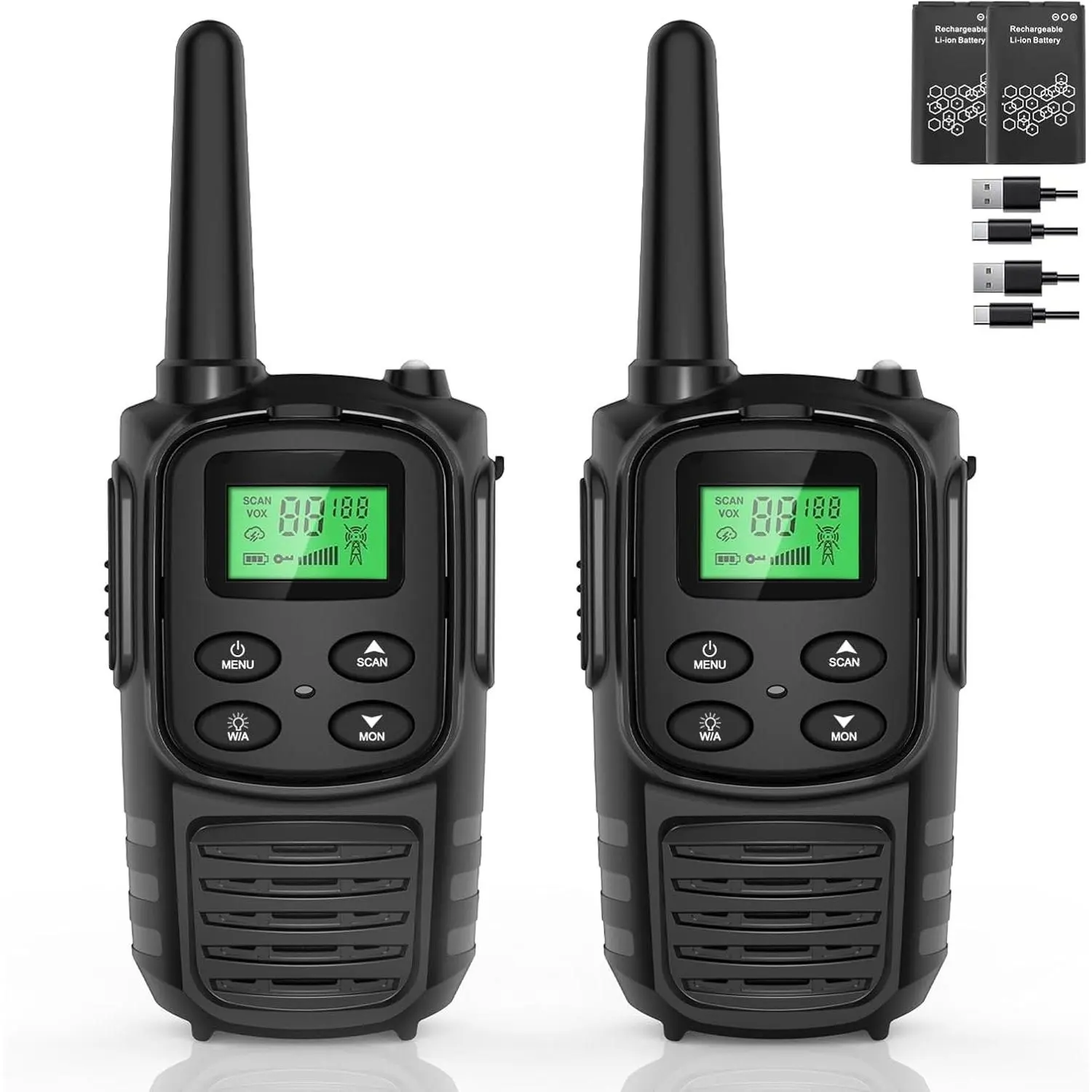SQ-PDT002 Walkie Talkies Long Range for Adult, MT10 Rechargeable Walkie Talkies FRS Two Way Radio, NOAA, 1200mAh Li-ion Battery USB-C Cable, LED Flashlight, VOX Walkie Talkie for Hiking Camping 2Pack