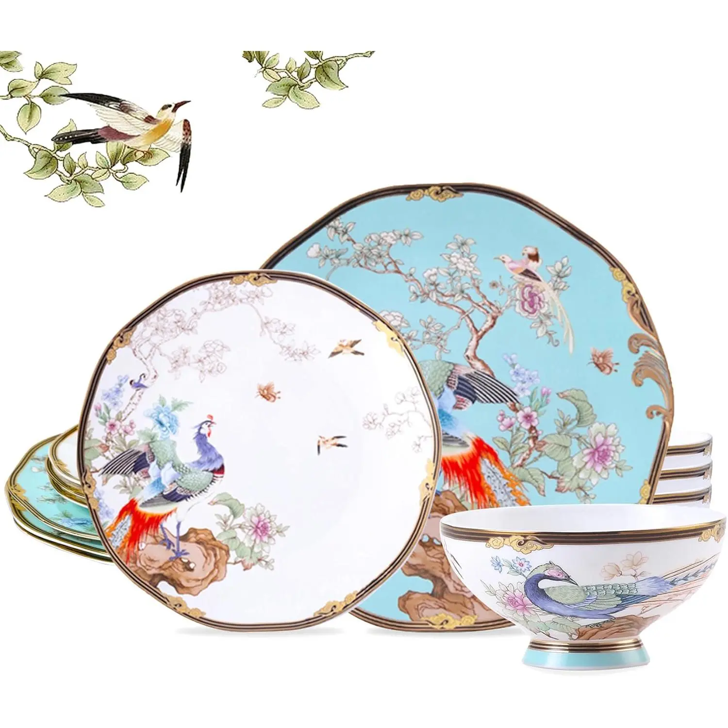 Ceramic Bone China Porcelain Dinnerware Set for 4 (12-Piece) - Lightweight Plates & Bowls, Vintage Light Blue Floral Design, BPA-Free, Not Easy to Leave Stains, Ideal for Party, Christmas Gifts
