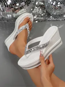 Women's Rhinestone Platform Flip Flops Thick Sole Height Increasing Summer Versatile Outdoor Sandals