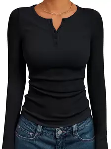 Women's Ribbed Long Sleeve T-Shirt, Casual Loose-Fitting Top for All Seasons, Comfortable Daily Wear, Everyday Stylish Ladies' Clothing, Style