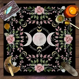 Pastel Rose Triple Moon Design Square Tarot Tablecloth, Elegant Retro style home decor Altar Cloth Multiple Sizes Polyester Fabric, Easy to Clean and Maintain Decorative Divination Cloth for Spreads & Rituals Gift for family and friends