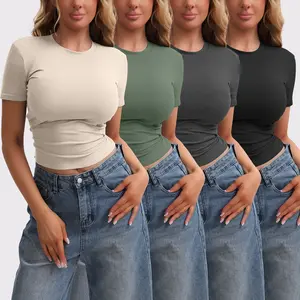 5 4Pack Women's Short Sleeve Basic T Shirts Tees, Slim Fit Crew Neck Tshirt Summer Tops for Casual Workout Trendy