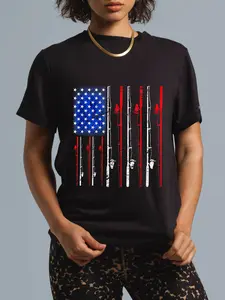 100% Cotton American Flag Fishing Rod Fishing Lover T-Shirt