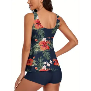 Women's Vibrant Tropical Floral Print Tankini Set - Stretchy Navy Blue Top with Ruched Detail & Boyshorts, Machine Washable Summer Swimwear