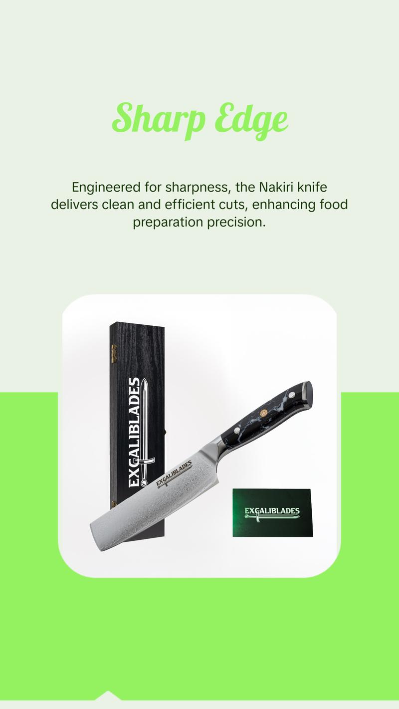 EXCALIBLADES Nakiri Knife - Stainless Steel Damascus Knife with Full Tang Handle & Black Turquoise Handle, Sharp for Meat and Vegetable Use
