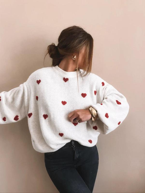 Women's All Over Heart Print Drop Shoulder Sweater, Casual Long Sleeve Round Neck Jumper for Fall & Winter, Fashion Ladies' Knitwear for Daily Wear Women's All Over Heart Print Drop Shoulder Sweater, Casual Long Sleeve Round Neck Jumper for Fall & Winter, Fashion Ladies' Knitwear for Daily Wear