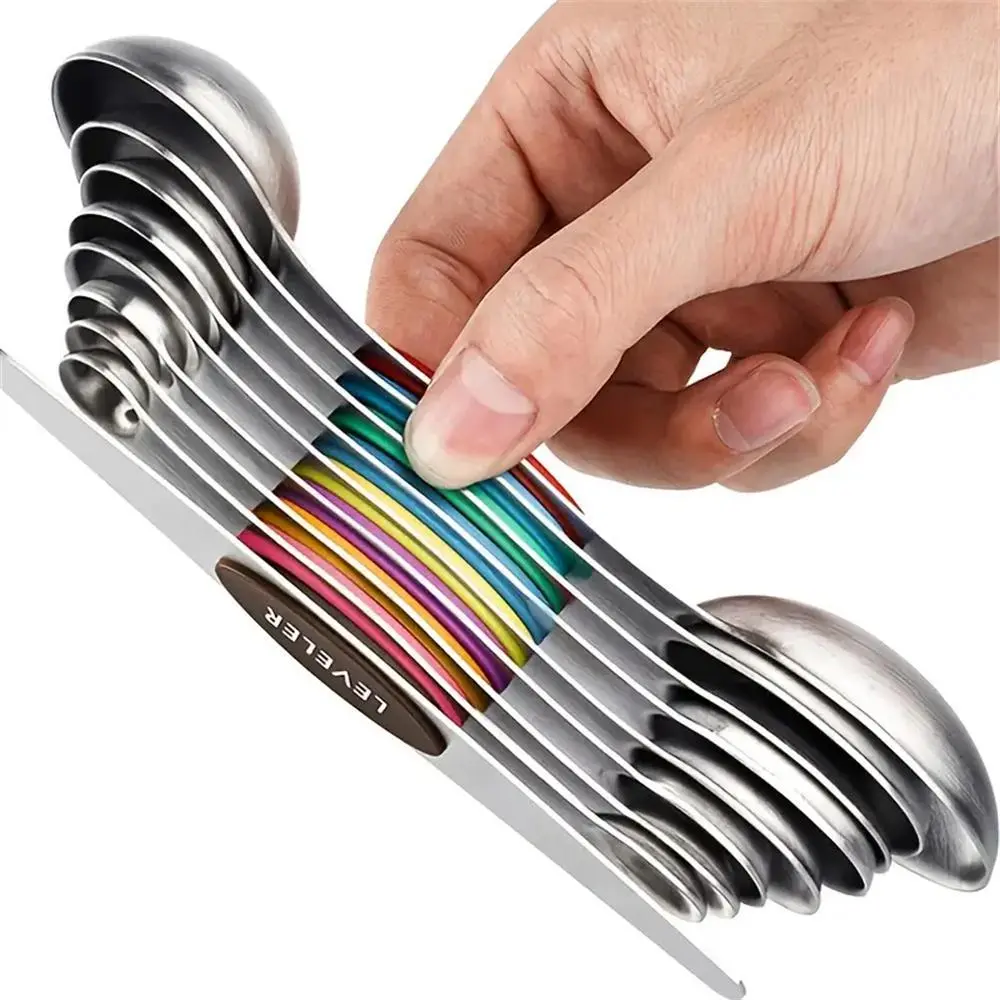 Stainless Steel Double-ended Measuring Spoon (9 Counts), Multi-purpose Magnetic Seasoning Food Measuring Spoon, Utensils for Home Kitchen, Household Spoon Set, Stainless Steel Measuring Spoons Set, Kitchenware, Cooking, Multifunctional Measuring Spoon