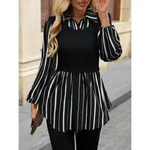 Women Casual Striped Patchwork 2 In 1 Top, Autumn Long Sleeve Shirts Cute Tops Women's Tops Winter Shirts Winter Outfits For Women Going Out Tops Fabric Womenswear