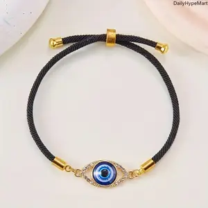 Turkish Evil Eye Bangle Bracelet Set - Enamel Protection Charm, Adjustable Cord Design, Ideal Anniversary Gift