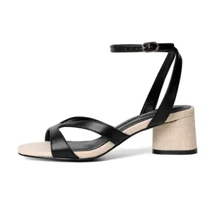 Reitoye Women's Chunky Heels Open Toe Woven Strappy Sandals Ankle Strap Low Block Heel Sandals Comfort Party Shoes