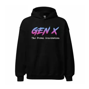 Made In USA, Gen X Hoodie, The #Feral Generation Rectangular Hoodie, Retro 80s 90s Generation X Sarcastic Humor Apparel Hooded Sweatshirt, Nostalgic Gift For Women for Men, Graphic Cotton
