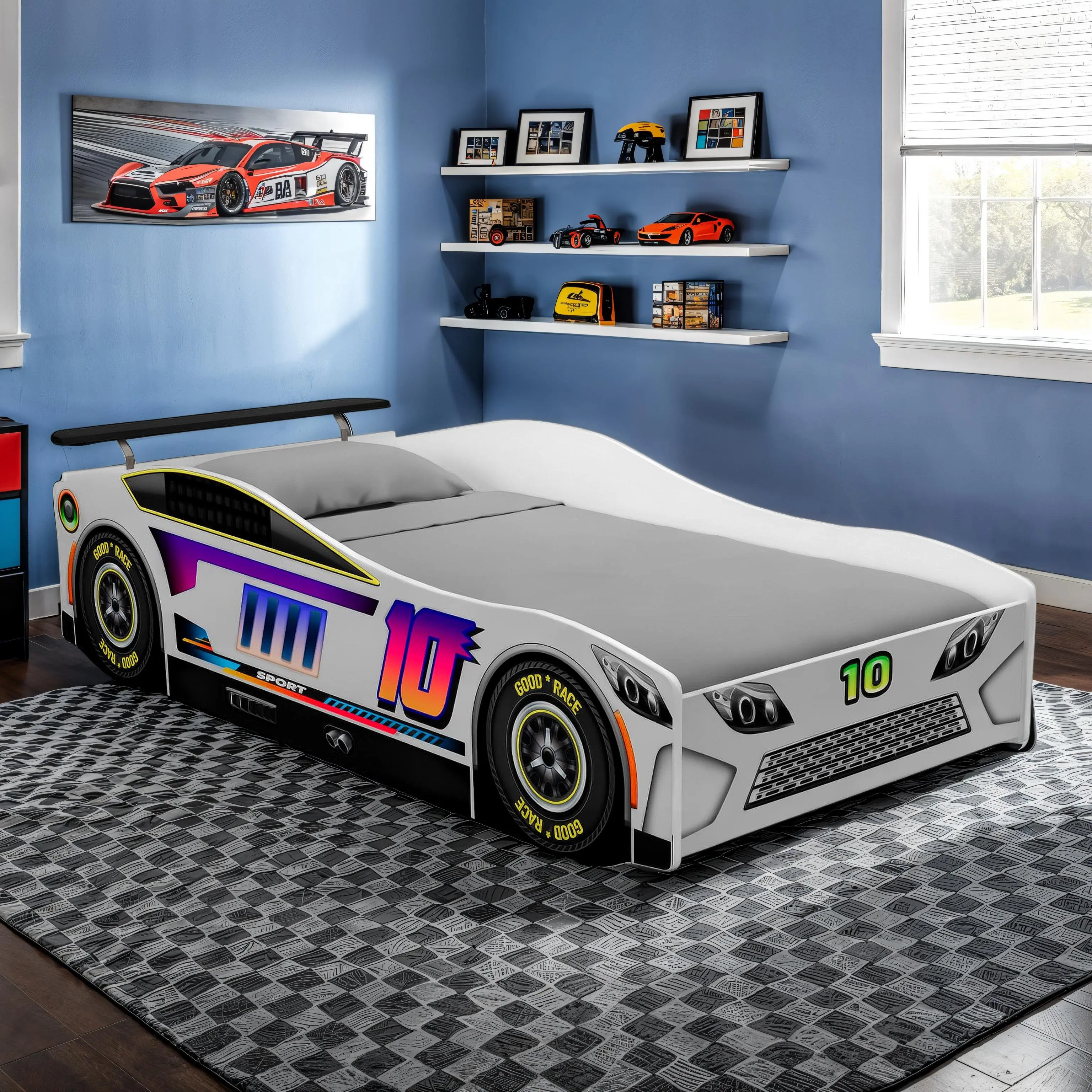 Karsten Race Car Bed, Kids Twin Novelty Bed with Sporty Decals, Rear Spoiler, Durable ABS and Engineered Wood Frame, White Finish by FOA