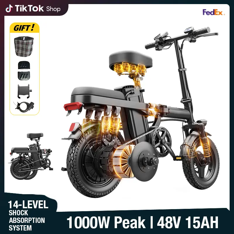 Lightweight Folding Commuter Ebike for Adults, 500W Motor (1000W Peak), 48V 15Ah Battery, 14-in Tires, 30-45km Range, Certified Suspension System, Brakes