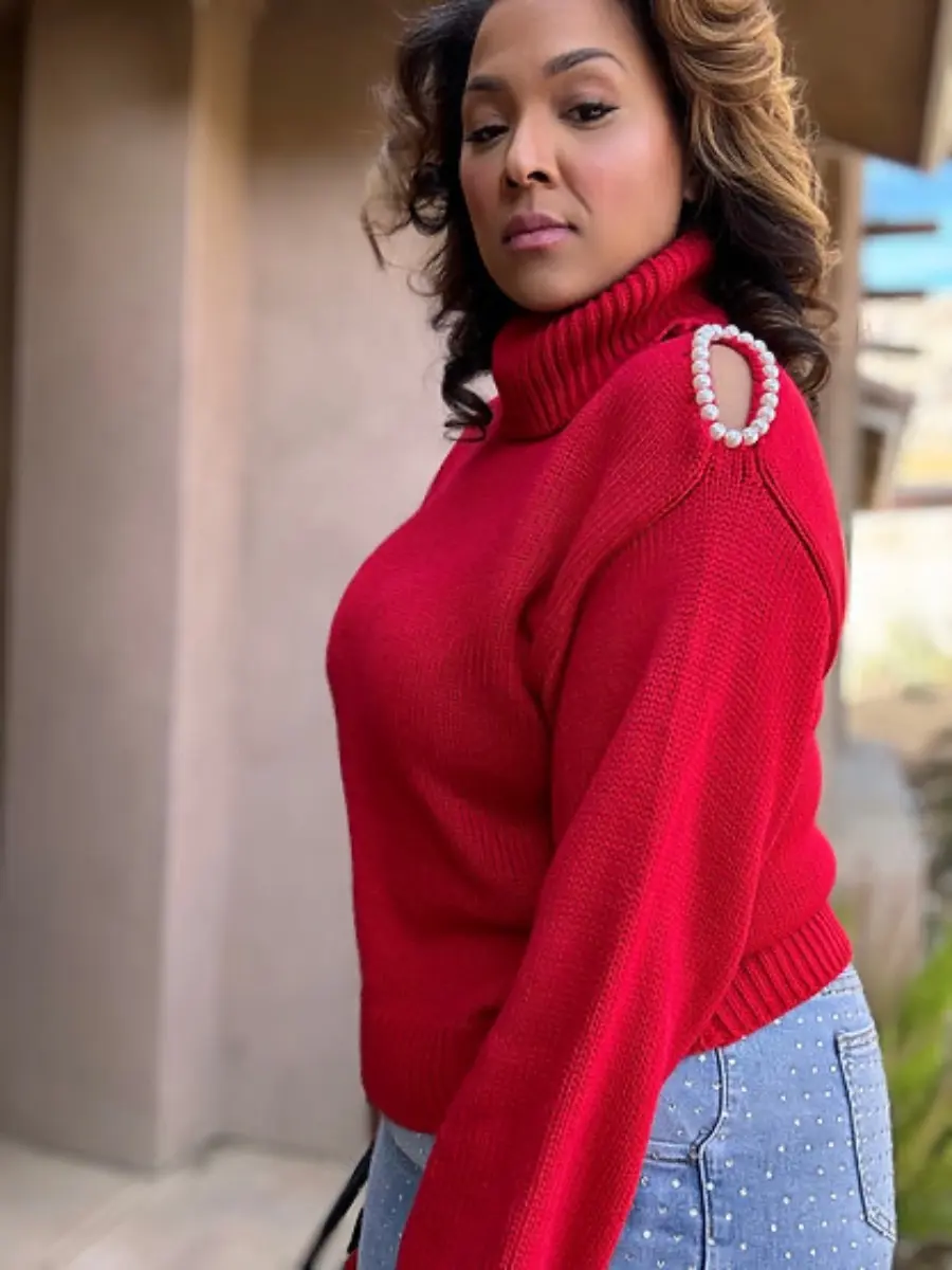 Red Turtleneck Pearl Cutout Sweater - full length