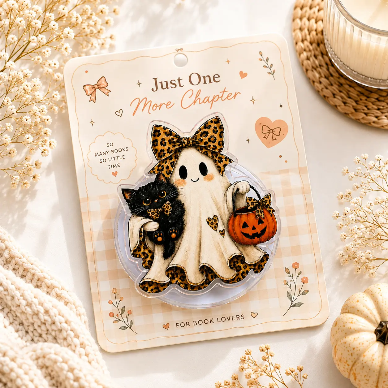 Cute Ghost Cat Magnetic Phone Grip Stand, Halloween MagSafe, Leopard Bow Pumpkin Phone Holder, Spooky Kindle Grip, Fall Gift